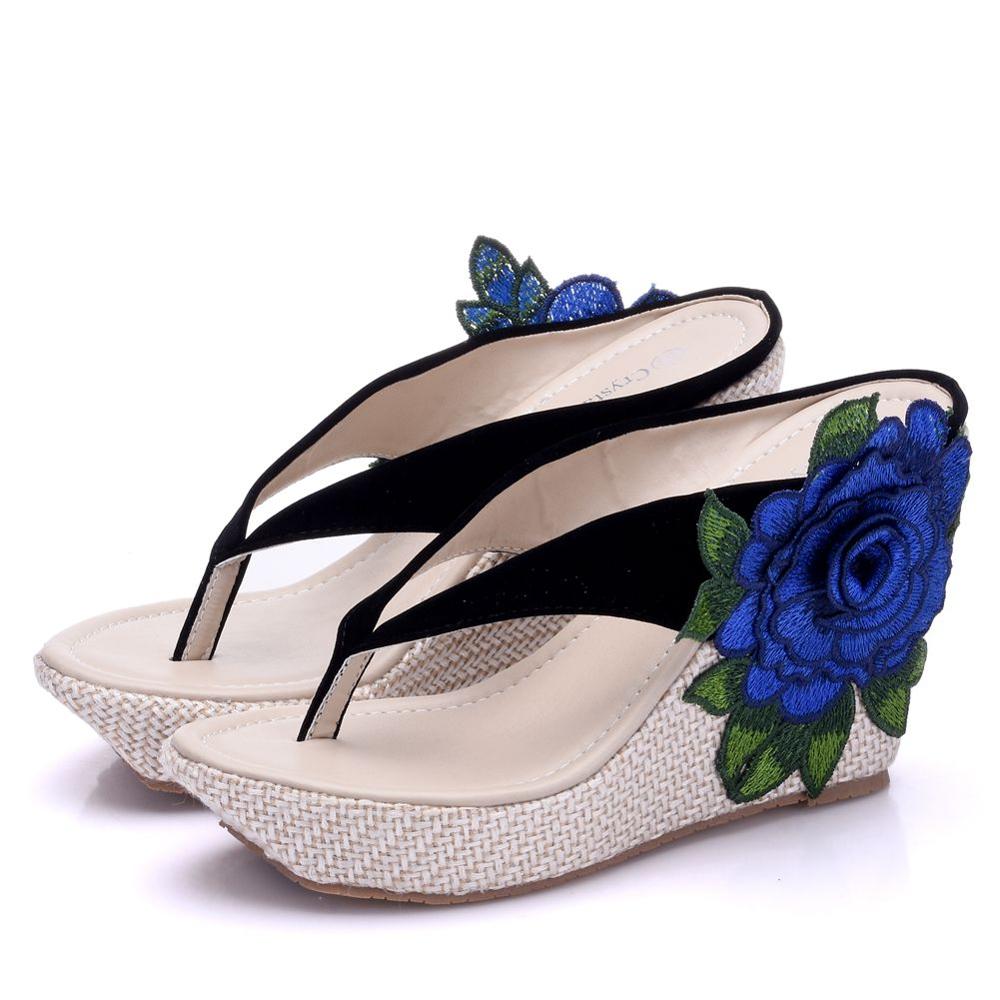 Summer Shoes for Women 2022 Fashion Platform Wedge Sandals Outdoor Women Height Increase Embroidered Flower Flip Flops Slippers