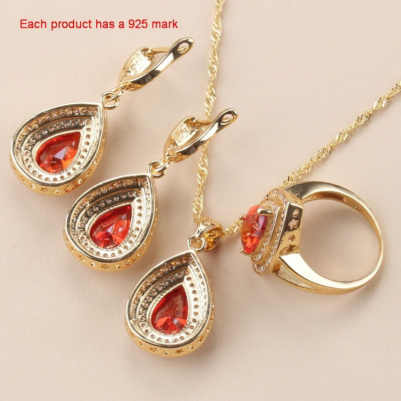 12-Color Bridal Water Drop Accessories Garnet Earrings And Necklace Wedding Ring Dubai Gold Color Jewelry Sets For Women