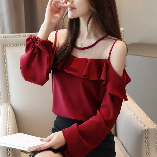 Casual Off Shoulder Tops Solid Long Sleeve Chiffon Blouse Blusas Mujer De Moda 2022 Autumn Women Tops and Blouse  6756 50