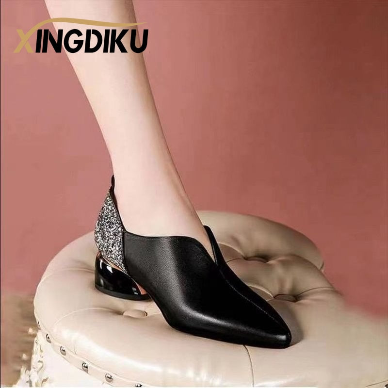 Black sexy single shoes rhinestone sequins mother women&#39;s shoes pointed toe low heel round heel fashion party shoes wedding shoe