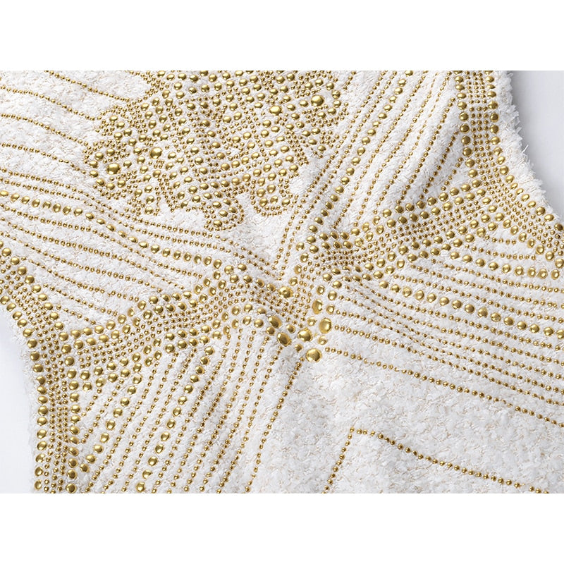 Luxurious Designer European Style Sleeveless Tweed Fabric Women Sparkle Beaded Dress for Elegant Lady Heavy Handmonds Diamonds