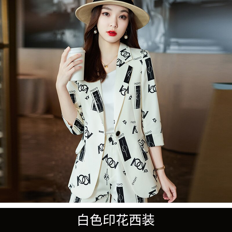 White printed shorts, professional suit suit, female spring and autumn temperament, medium sleeve, foreign style, fashionable pr