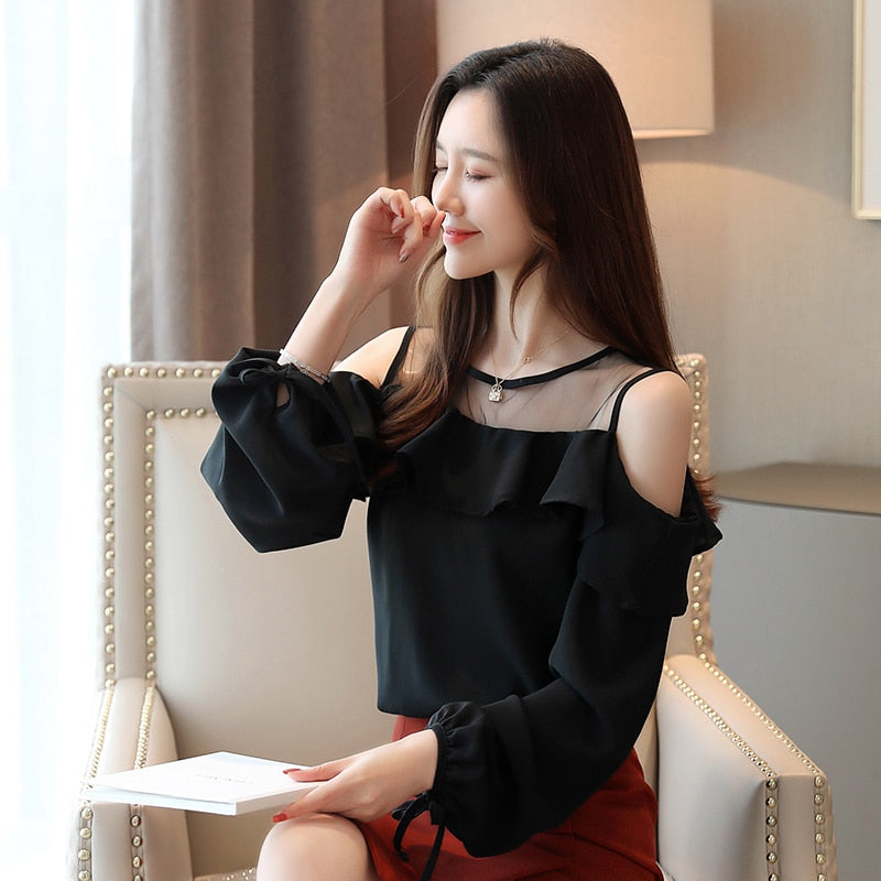 Casual Off Shoulder Tops Solid Long Sleeve Chiffon Blouse Blusas Mujer De Moda 2022 Autumn Women Tops and Blouse  6756 50