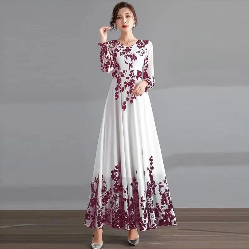 Ink Painting Long-Sleeved Chiffon Dress Women 2022 Spring Summer New Temperament Is Thin and Long Large Swing Holiday Long Skirt