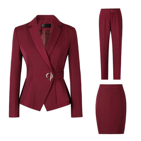 Factory spot wholesale wine red blue black 5XL women&#39;s winter two-piece formal Long Sleeve Ruffle slim fitting suit and pants of