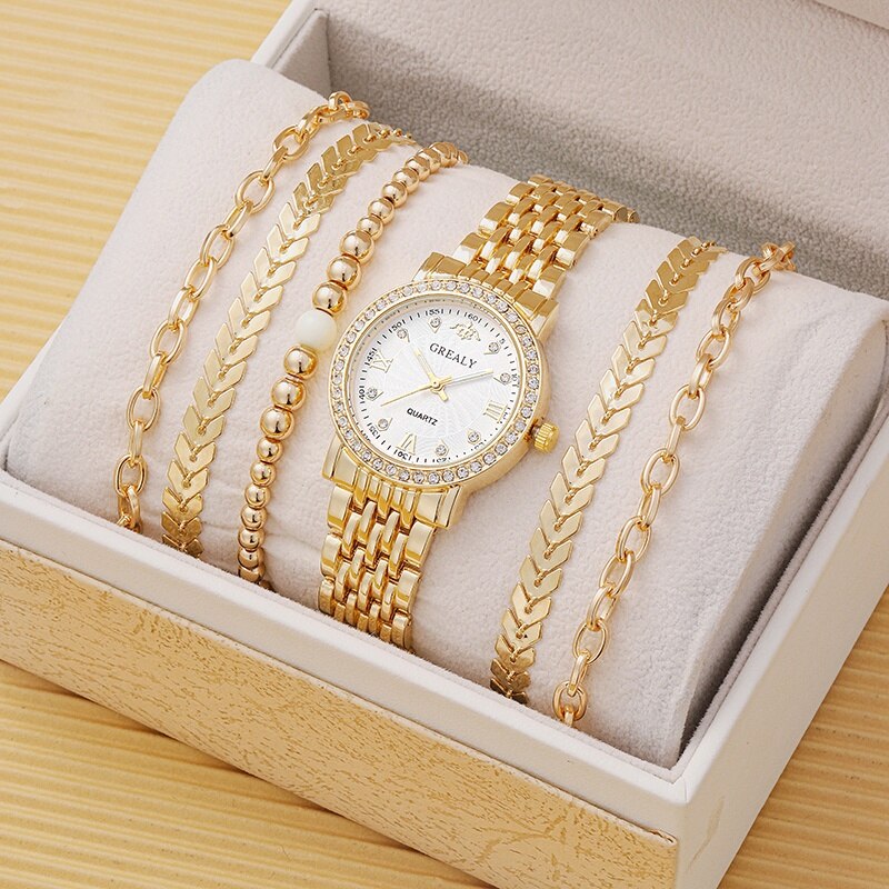 5pcs Women&#39;s Watch Stainless Steel Luxury Diamond Quartz WristWatch with Fashion Woman Bracelet