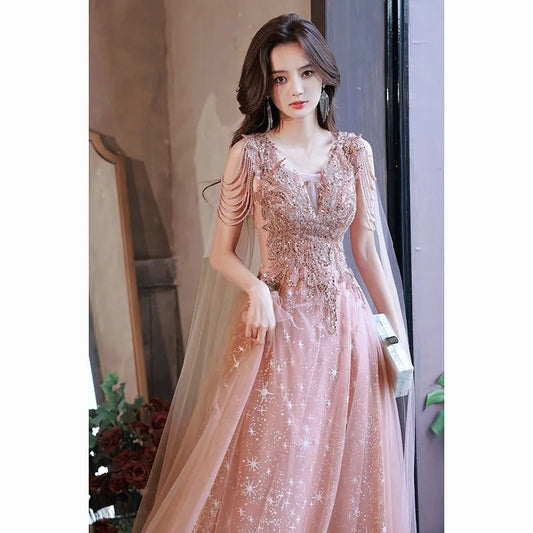 Heavy Industry Evening Dress Skirt Female 2022 New High-End Light Luxury Banquet Temperament Ceremony Host Can Usually Wear Tide