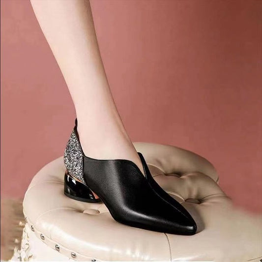 Black sexy single shoes rhinestone sequins mother women&#39;s shoes pointed toe low heel round heel fashion party shoes wedding shoe