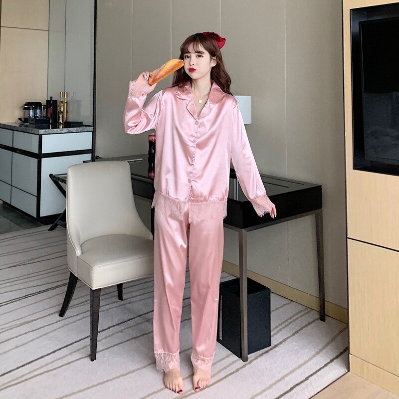 Silk Pajamas for Women Solid Lace Sleepwear Women Spring Autumn set woman 2 pieces Satin Ladies Pijamas Mujer Night Loungewear