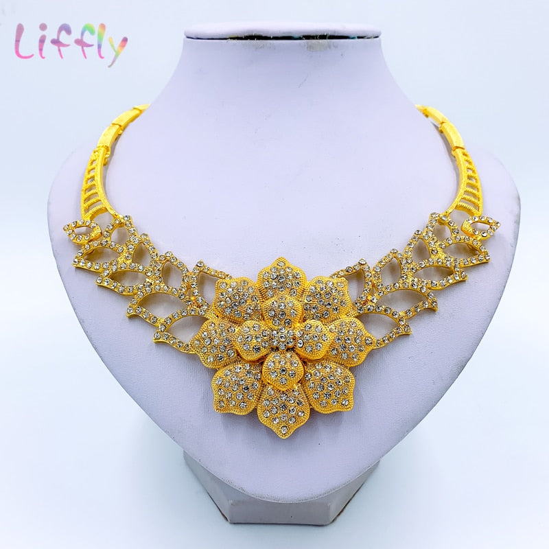 Liffly Necklace Set for Women Dubai African Gold Jewelry Sets Bridal Earrings Rings Indian Nigerian Wedding Jewelery Gift