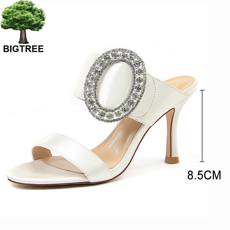 Bigtree Shoes Metal Rhinestone High Heels Woman Pumps 2022 New Women Sandals Slides Fashion Wedding Shoes White Black Heels