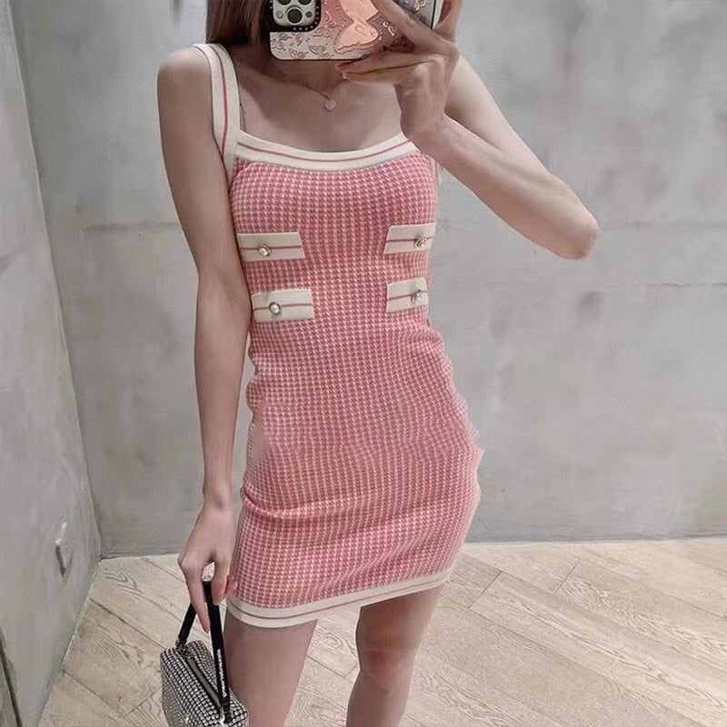 Summer Korean Fashion Streetwear Clothes Women 2022 Elegant Spaghetti Strap Plaid Dress Female Knitted Vestidos De Verano Mujer
