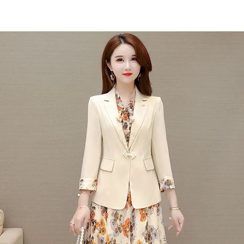 2022 Spring Autumn New Suit Jacket Dress Two-piece Women&#39;s Elegant Blazers Floral Long Skirt Set Female Office Professional Wear