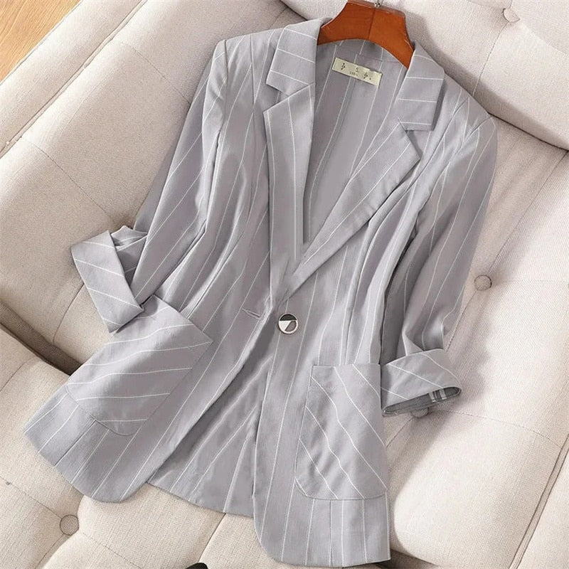 2022 New Summer Fashion Women Blazer Notched Collar Jacket Casual Korean Suit Coat Stripe Loose Office Lady Blazers Outerwear