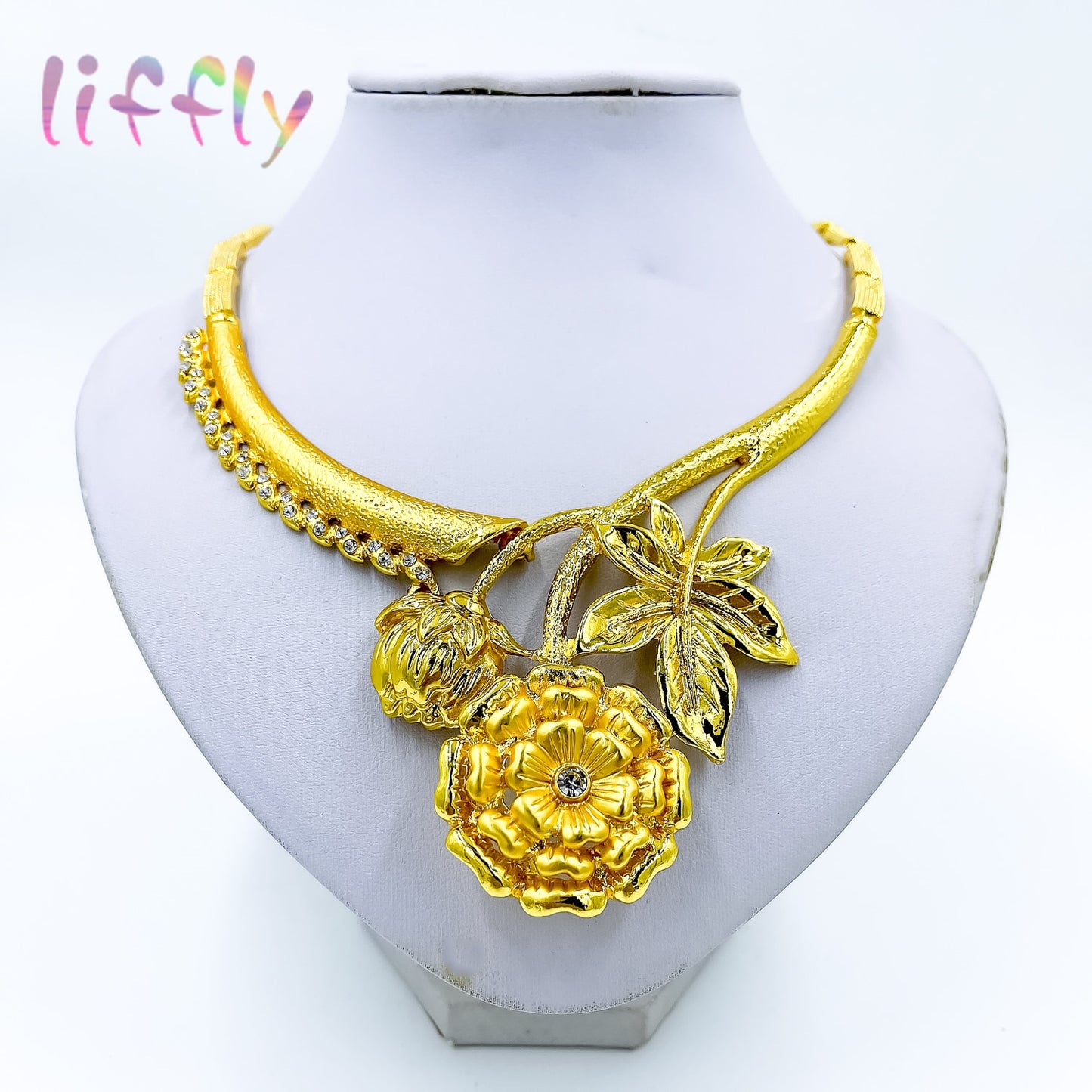 Liffly New Indian Wedding Jewelry Flower Necklace Bracelet Earrings Ring Fashion Jewelry Sets Women Party Gift