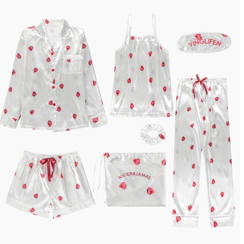 Spring Summer 7 Pcs Set Silk pijamas sexy Women Pajamas Print Shorts Long Sleeve Top Elastic Waist Pants Full Lounge Sleepwear