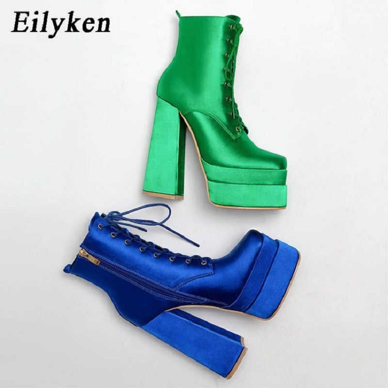 Eilyken Autumn Winter Women Motorcycle Ankle Boots Fashion Platform Wedges Satin High Heels  Female Party Prom Chunky Shoes