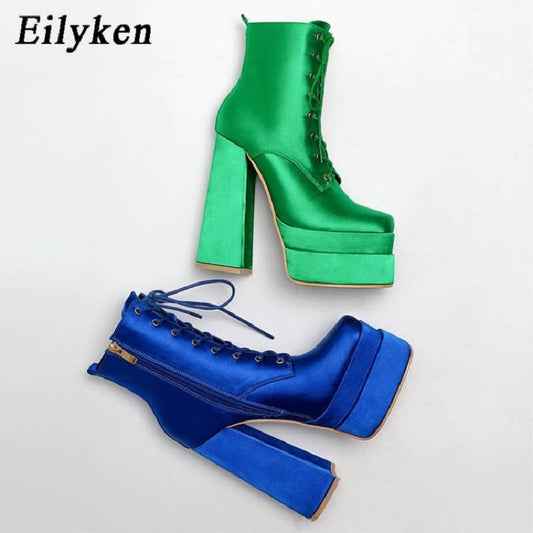 Eilyken Autumn Winter Women Motorcycle Ankle Boots Fashion Platform Wedges Satin High Heels  Female Party Prom Chunky Shoes