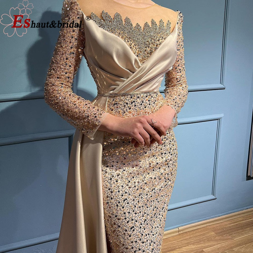 Elegant Dubai Bead Evening Night Dresses for Women 2022 O Neck Long Sleeves Mermaid Sequin Satin Formal Wedding Prom Party Gowns
