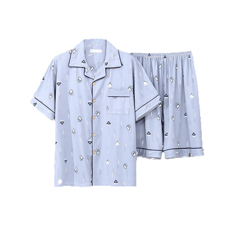 Plus Szie Men&#39;s Pajama Set Summer Comfortable Men Sleepwear Short Sleeve Cotton Pajamas Men Elastic Waist Pant Leisure Outwear