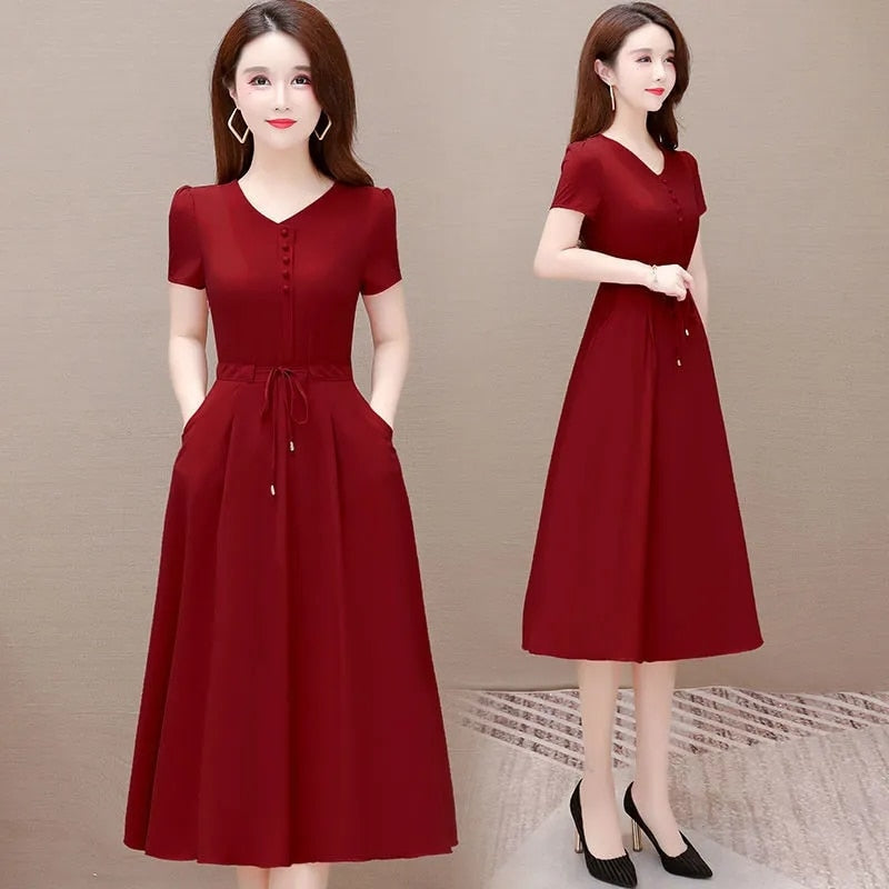 Korean Short Sleeve Midi A-Line Dress Women Summer Fashion Adjustable Waist Casual Dresses Plus Size 5Xl 4Xl Vestidos Elegante