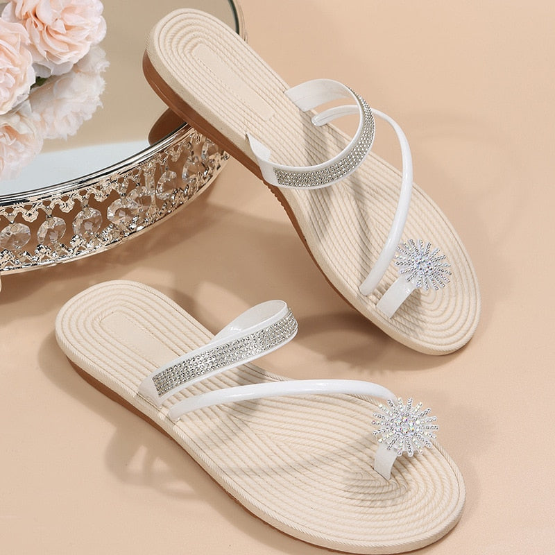 Set-Toe Sandals And Slippers Women Summer New Beach Rhinestone Luxury Flat Sandals Pantufa Feminina Sandali Donna 2022 Ete