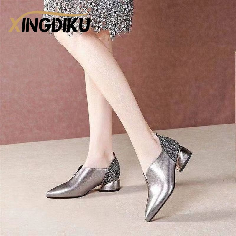 Black sexy single shoes rhinestone sequins mother women&#39;s shoes pointed toe low heel round heel fashion party shoes wedding shoe