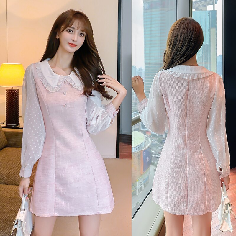 Women Spring Basic Wear Party New Year Date Elegant Patchwork Pink Tweed Mini Dress 2022 New
