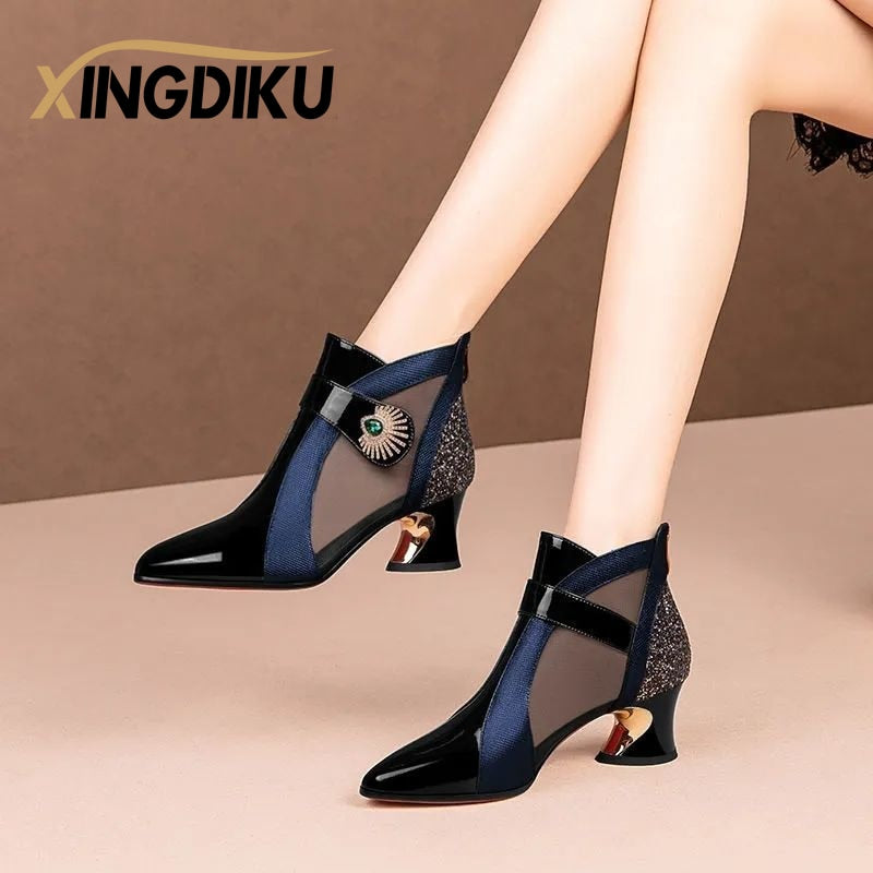 2022 Summer Mesh Breathable Sandals with Rhinestone Decoration Shaped Heels Retro British Style Sandals Leather Boots Women