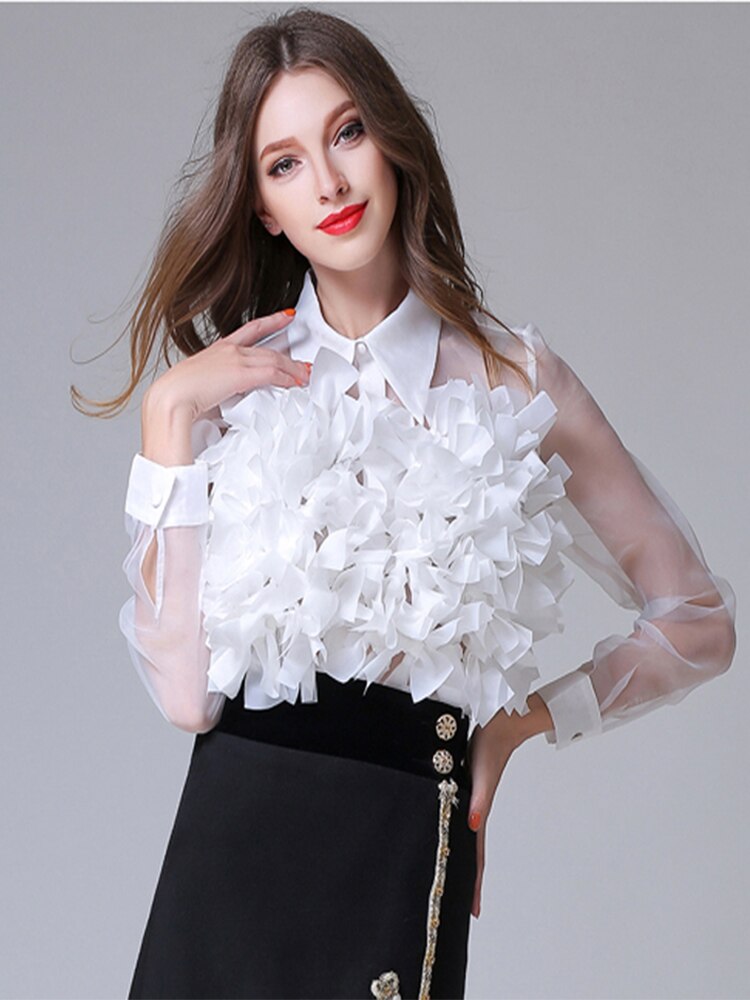 HIGH QUALITY New Fashion 2017 Designer Top Blouse Women's Long Sleeve Ruffle Flower Appliques Summer Blouse Shirt