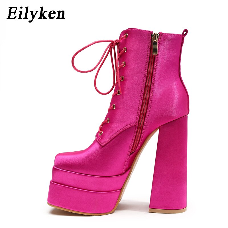 Eilyken Autumn Winter Women Motorcycle Ankle Boots Fashion Platform Wedges Satin High Heels  Female Party Prom Chunky Shoes