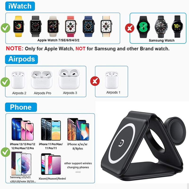 Magnetic Wireless Charger Stand for iPhone 13 12 11 XS XR 8 3 in 1 15W Fast Charging Station Dock For Apple Watch 7 Airpods Pro