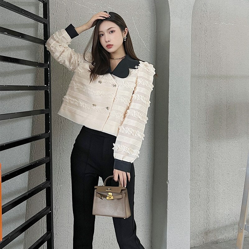 Korean Fashion Beige Jackets for Women 2022 Autumn Elegant Tassel Jaqueta Feminina Inverno Short Chaqueta Mujer