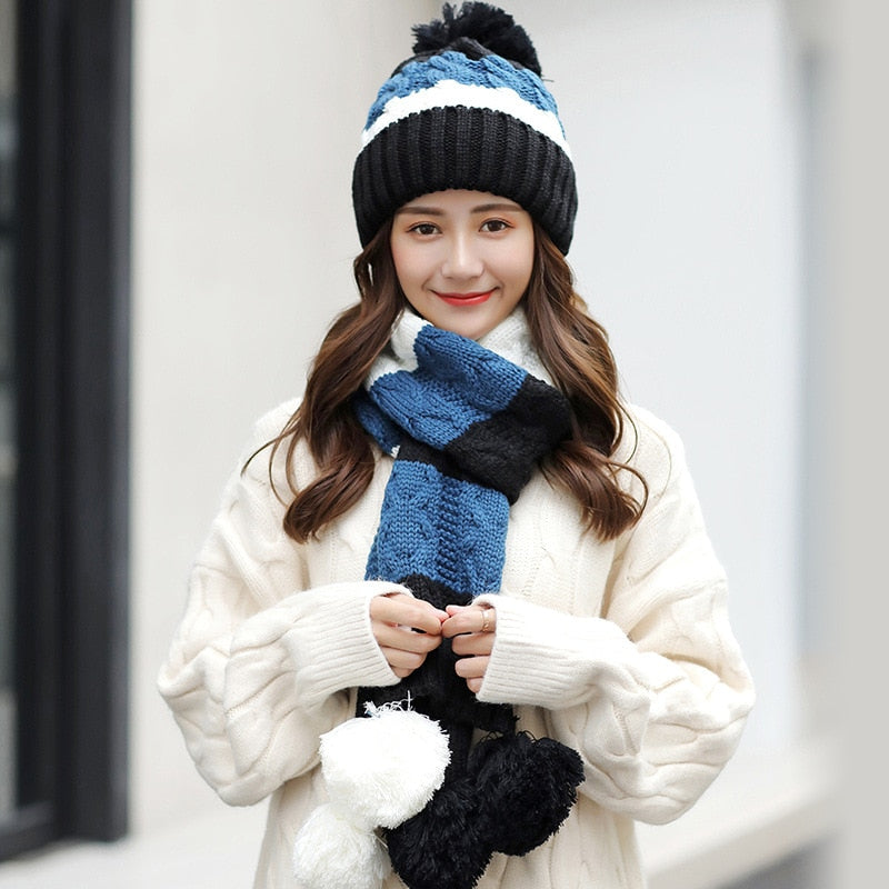 Winter Knit Hat Scarf Two-piece Women Velvet Beanies Cap Lady Warm Wool Ball Caps Sweet Cute knitted Earmuffs Hats Female