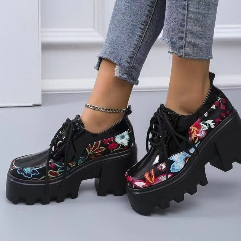 Lolita Spring and Autumn Printing Women&#39;s Shoes Waterproof Platform Thick Bottom Lace Up Fashion Women&#39;s Shoes  Zapatos De Mujer