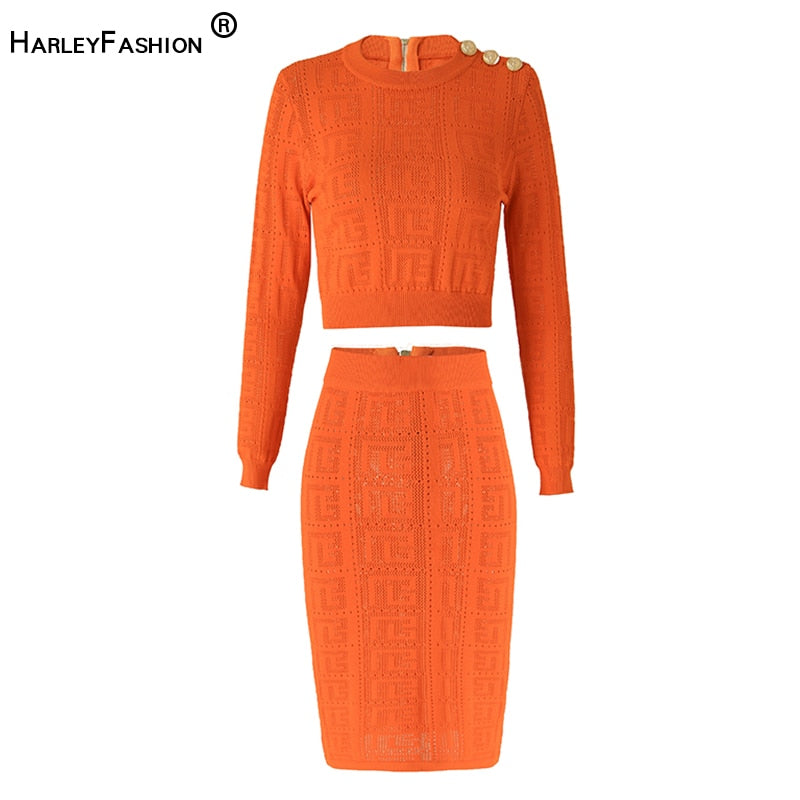 HarleyFashion Women Bodycon Orange Skirt Set Stretchy Knitting See-through Short Tops Sheath Two Piece Sets Ladies
