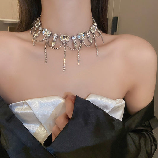 FYUAN Geometric Square Crystal Choker Necklaces for Women Long Tassel Clavicle Chain Necklaces Statements Jewelry Gifts