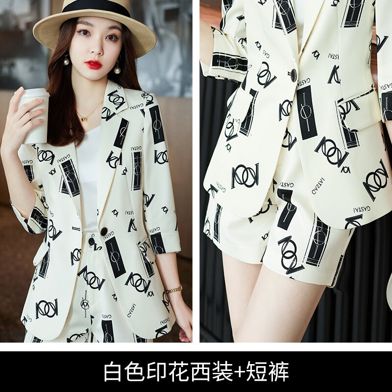 White printed shorts, professional suit suit, female spring and autumn temperament, medium sleeve, foreign style, fashionable pr