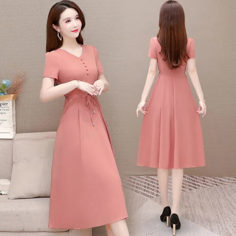 Korean Short Sleeve Midi A-Line Dress Women Summer Fashion Adjustable Waist Casual Dresses Plus Size 5Xl 4Xl Vestidos Elegante