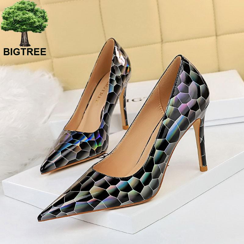 Bigtree Shoes New Patent Leather Woman Pumps Metal Stone Pattern High Heels Designer Women Heels Stiletto Female Pumps Size 43
