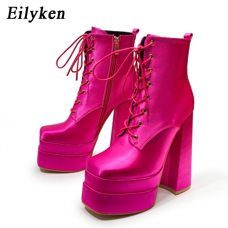 Eilyken Autumn Winter Women Motorcycle Ankle Boots Fashion Platform Wedges Satin High Heels  Female Party Prom Chunky Shoes