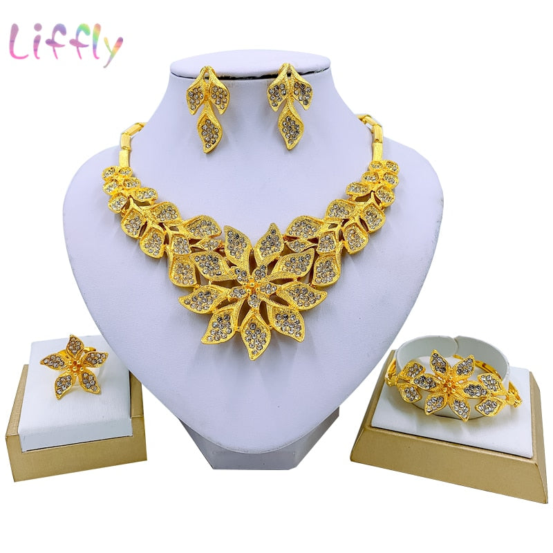 Liffly Necklace Set for Women Dubai African Gold Jewelry Sets Bridal Earrings Rings Indian Nigerian Wedding Jewelery Gift