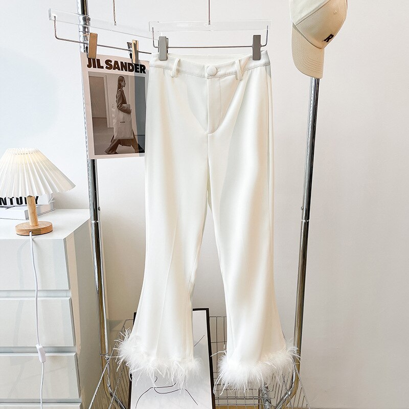 Autumn Spring Luxury Design Street Wear Women Two Piece Suit Feathers White Blazer Pants Sets Top Quality