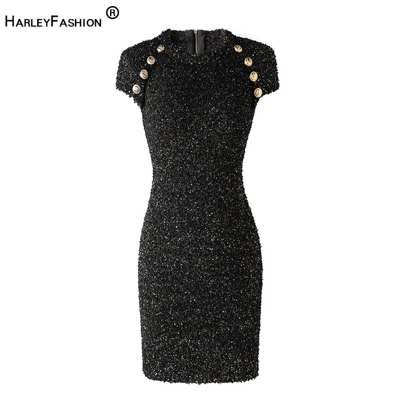 HarleyFashion Luxury Bling Bling Shining Fabric Short Sleeve Black Straight Elastic Knit Casual Dress