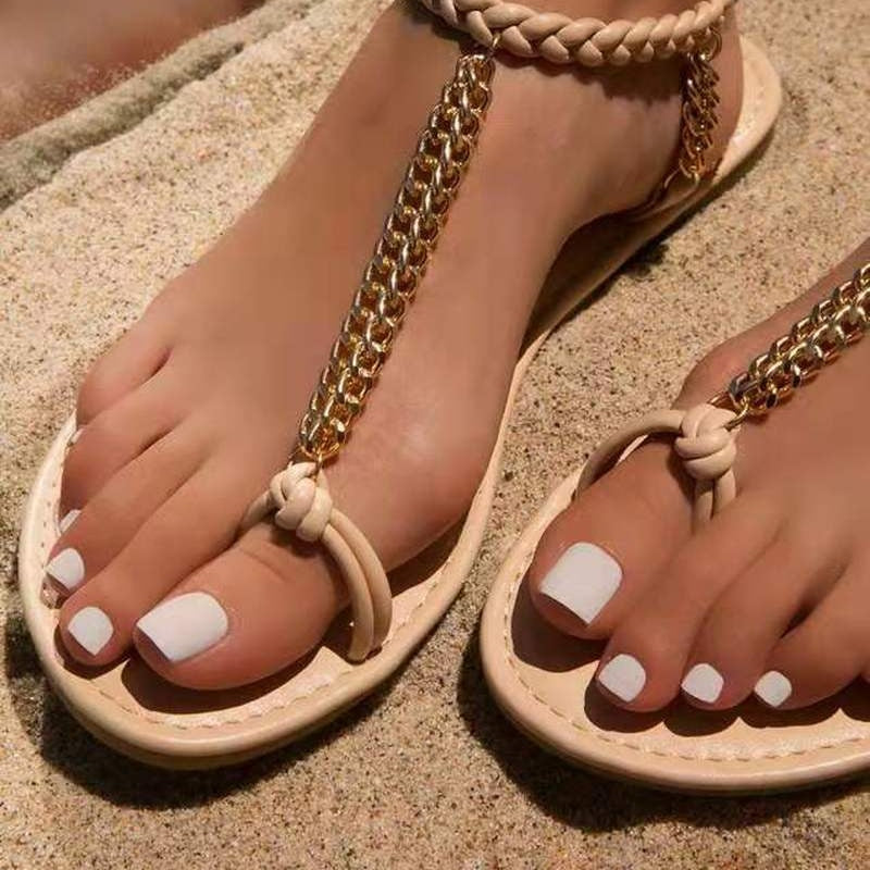 2022 New Women&#39;s Sandals Summer Fashion Metal Chain Sandals Open Toe Beach Braided Women&#39;s Fashion Slippers Open Toe Versatile