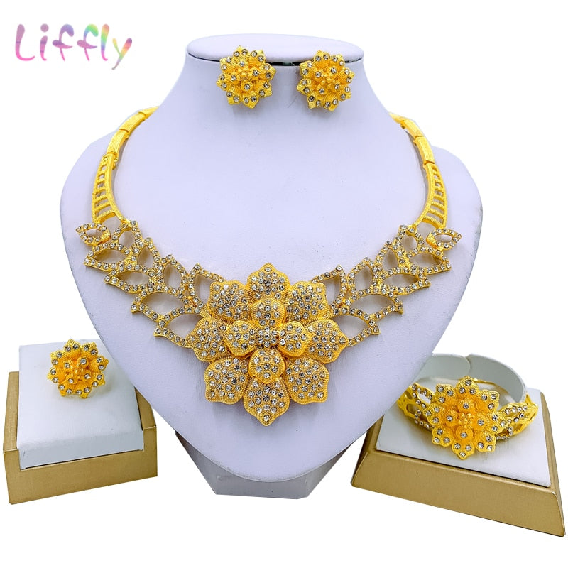 Liffly Necklace Set for Women Dubai African Gold Jewelry Sets Bridal Earrings Rings Indian Nigerian Wedding Jewelery Gift