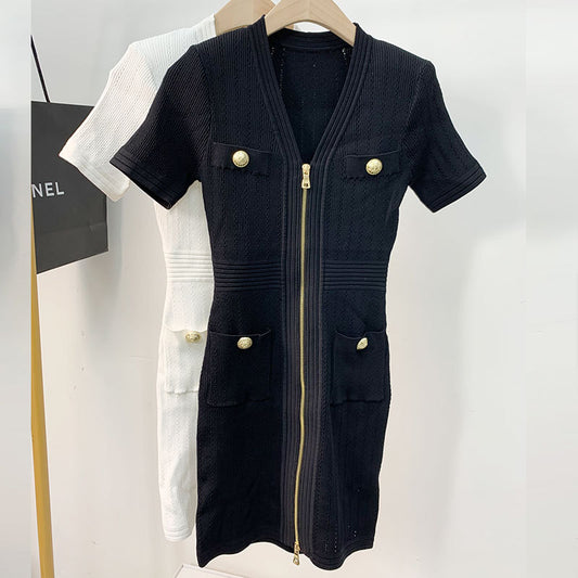 Luxury Gold Buttons Knitted Dresses for Women 2022 Summer Korean Fashion Zipper Slim Dress White Black Vestido Feminino