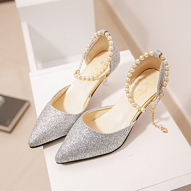 Comemore 2022 Trend Pointed Toe Wedding Bride High Heels Shoes Female Low Small Heel Sandals Party Mules Gold Silver Women Pumps