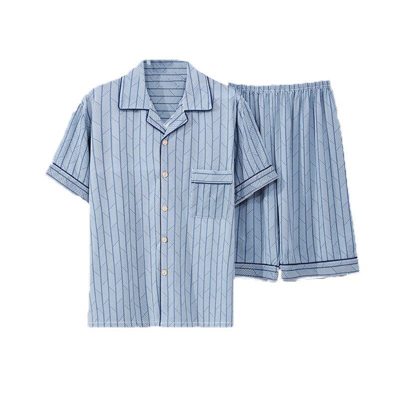 Plus Szie Men&#39;s Pajama Set Summer Comfortable Men Sleepwear Short Sleeve Cotton Pajamas Men Elastic Waist Pant Leisure Outwear