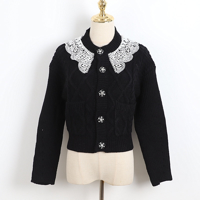 Korean Fashion Sweaters 2022 Autumn Elegant Lace Collar Long Sleeve Knit Top Oversized Knitted Cardigan Mujer Invierno